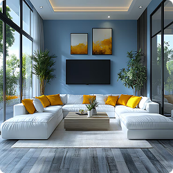 Blue Solid Wood Panel Living Room